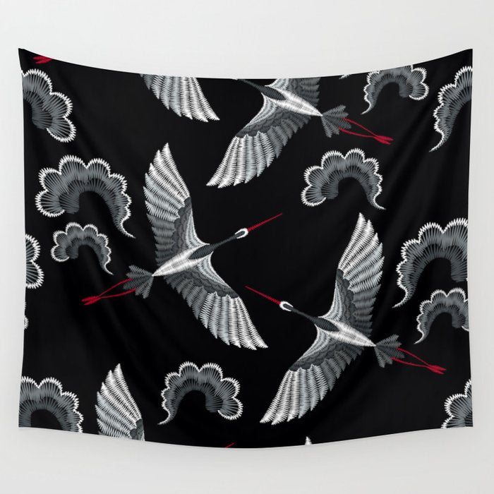 Japanese Ornate Heron Pattern Black & Silver White Wall Tapestry Gallery Image 1