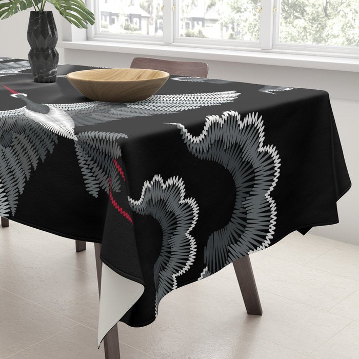 Japanese Ornate Heron Pattern Black & Silver White Tablecloth Gallery Image 3