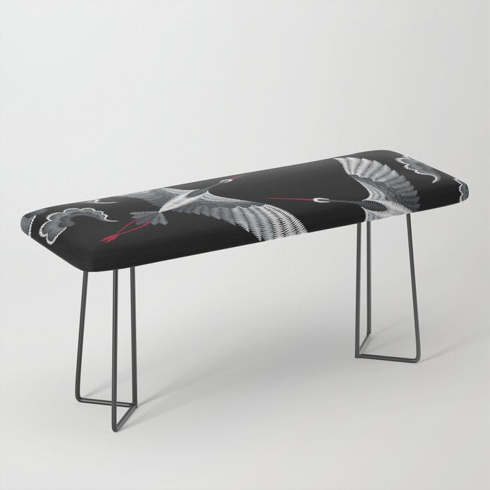 Japanese Ornate Heron Pattern Black & Silver White Bench Gallery Image 1
