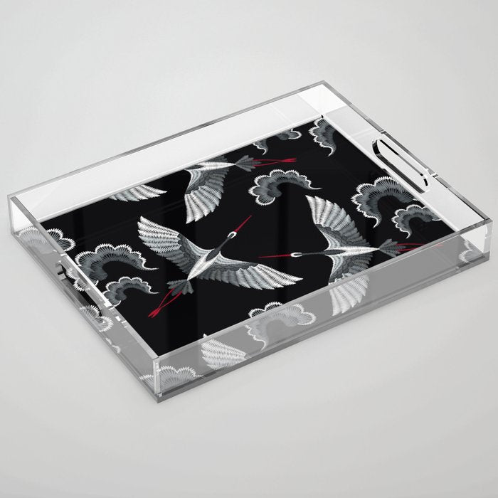 Japanese Ornate Heron Pattern Black & Silver White Acrylic Tray Gallery Image 1