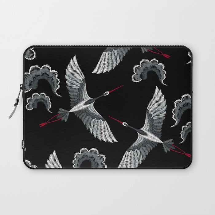 Japanese Ornate Heron Pattern Black & Silver White Laptop Sleeve Gallery Image 1