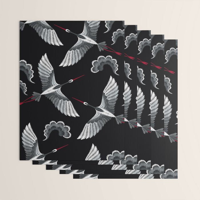 Japanese Ornate Heron Pattern Black & Silver White Wrapping Paper Gallery Image 3