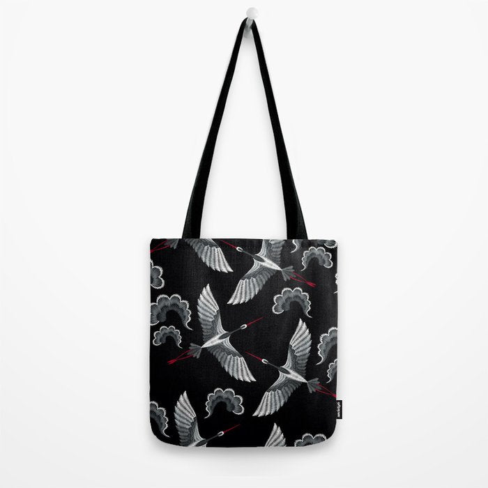 Japanese Ornate Heron Pattern Black & Silver White Tote Bag Gallery Image 2