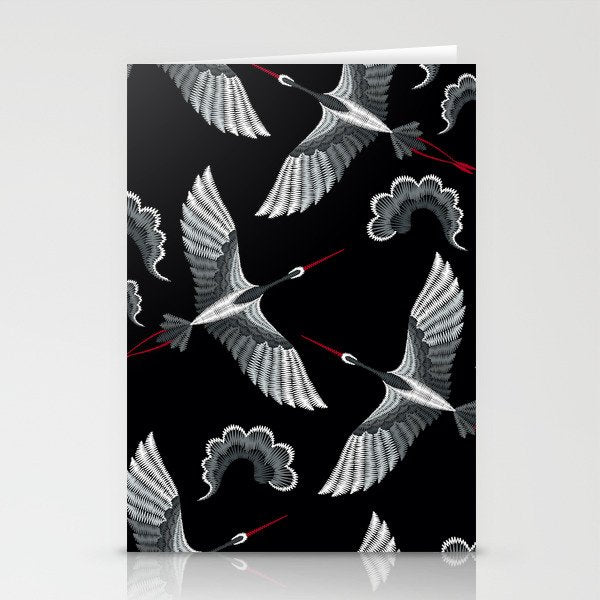 Japanese Ornate Heron Pattern Black & Silver White Stationery Card Gallery Image 2