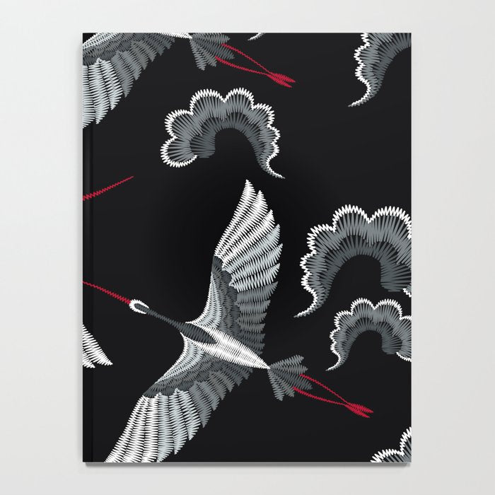 Japanese Ornate Heron Pattern Black & Silver White Notebook Gallery Image 4