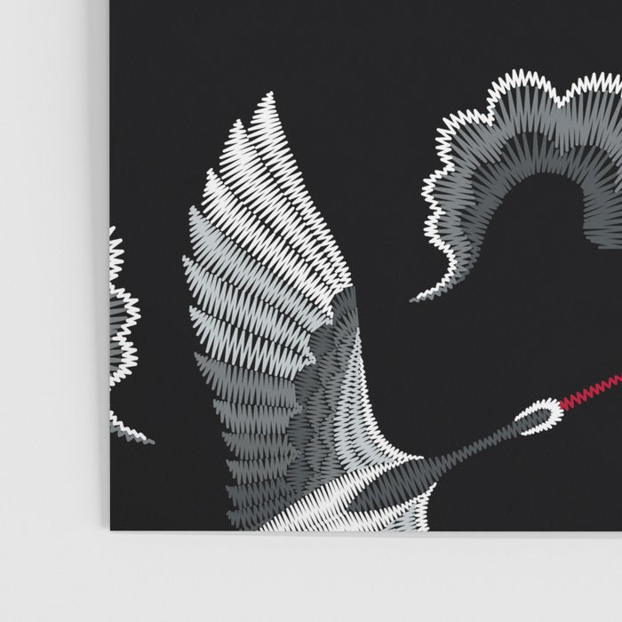 Japanese Ornate Heron Pattern Black & Silver White Poster Gallery Image 3
