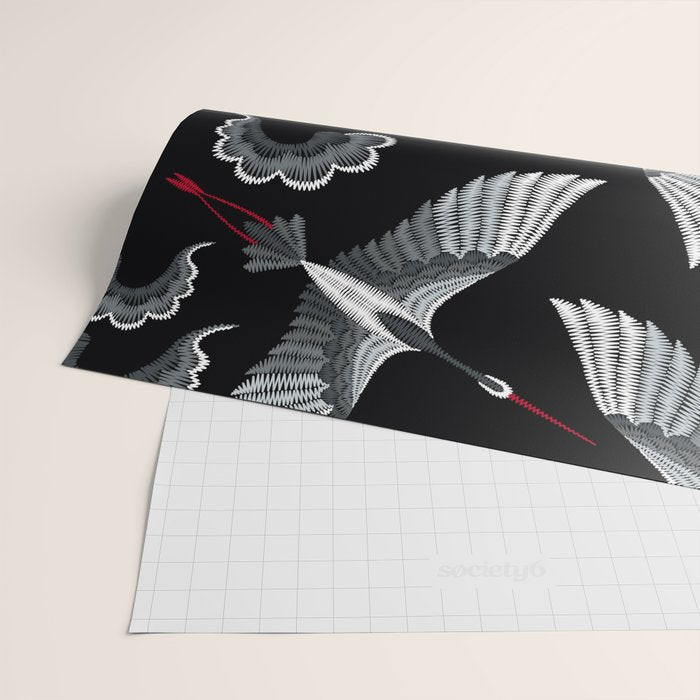Japanese Ornate Heron Pattern Black & Silver White Wrapping Paper Gallery Image 2