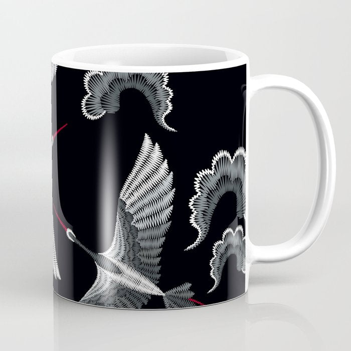 Japanese Ornate Heron Pattern Black & Silver White Coffee Mug Gallery Image 1