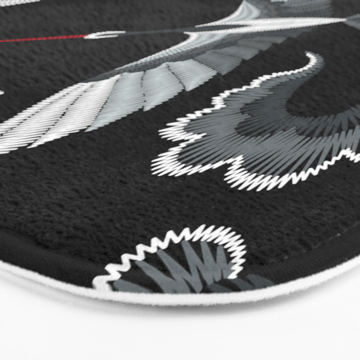 Japanese Ornate Heron Pattern Black & Silver White Bath Mat Gallery Image 3