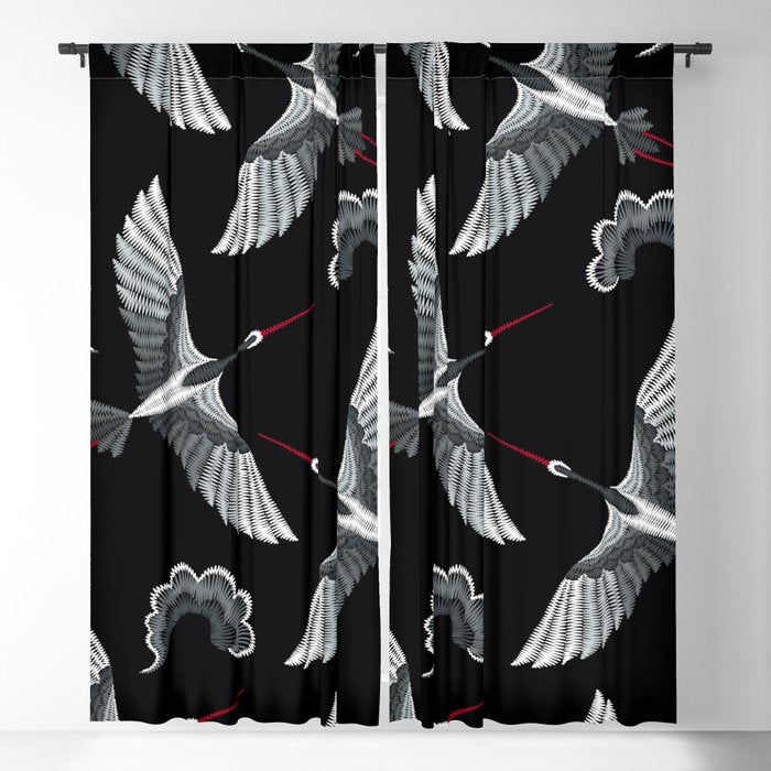 Japanese Ornate Heron Pattern Black & Silver White Window Curtain Gallery Image 1