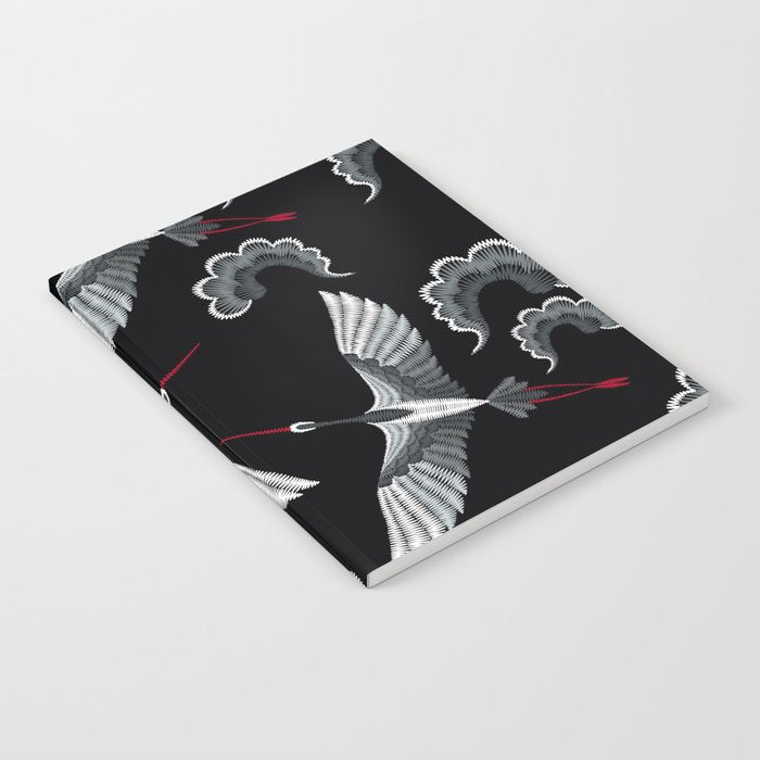 Japanese Ornate Heron Pattern Black & Silver White Notebook Gallery Image 2