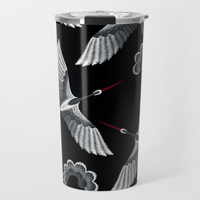 Japanese Ornate Heron Pattern Black & Silver White Travel Mug Gallery Image 1