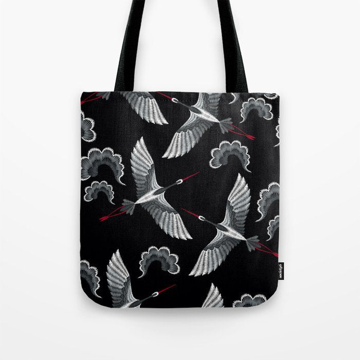 Japanese Ornate Heron Pattern Black & Silver White Tote Bag Gallery Image 1