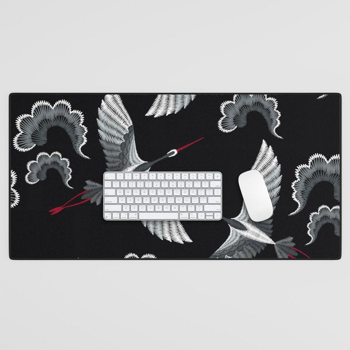 Japanese Ornate Heron Pattern Black & Silver White Desk Mat Gallery Image 1