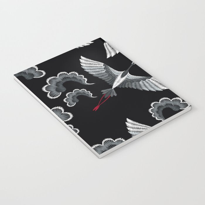 Japanese Ornate Heron Pattern Black & Silver White Notebook Gallery Image 3