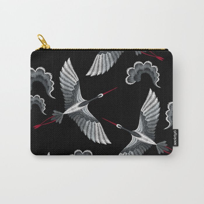 Japanese Ornate Heron Pattern Black & Silver White Carry All Pouch Gallery Image 1