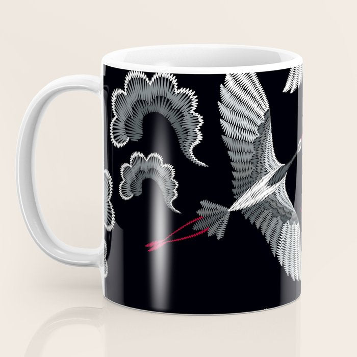 Japanese Ornate Heron Pattern Black & Silver White Coffee Mug Gallery Image 3