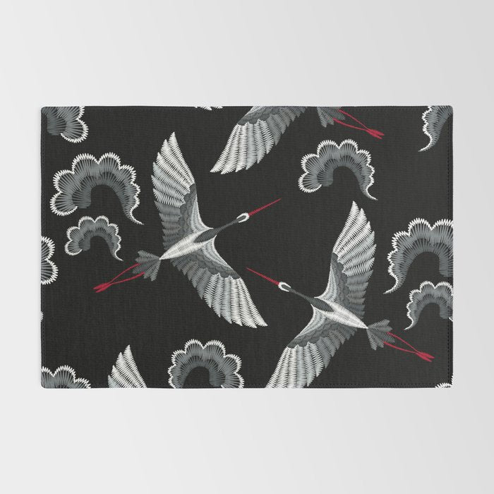Japanese Ornate Heron Pattern Black & Silver White Rug Gallery Image 2