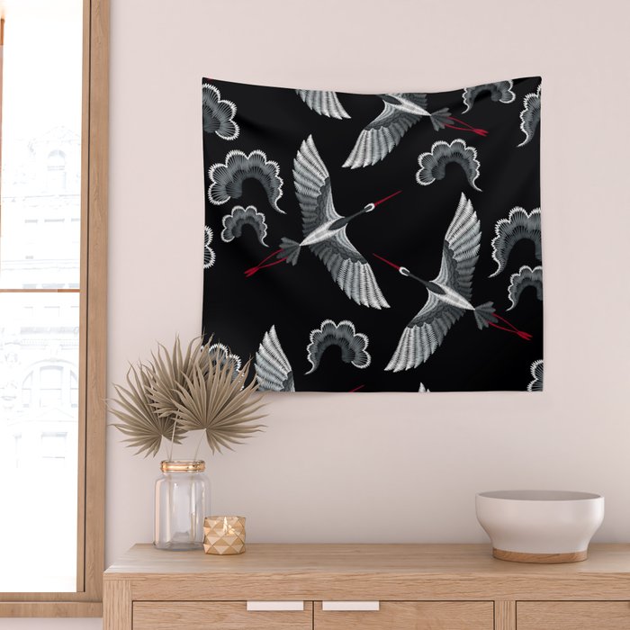 Japanese Ornate Heron Pattern Black & Silver White Wall Tapestry Gallery Image 2