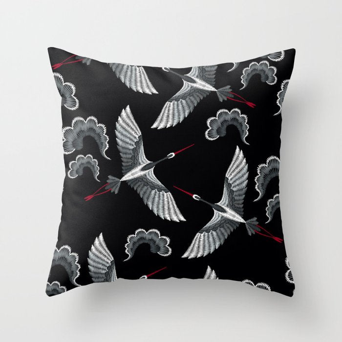 Japanese Ornate Heron Pattern Black & Silver White Throw Pillow Gallery Image 1