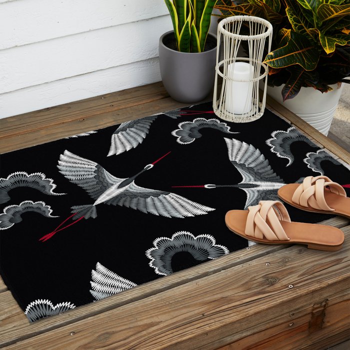 Japanese Ornate Heron Pattern Black & Silver White Outdoor Rug Gallery Image 2