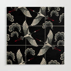 Japanese Ornate Heron Pattern Black & Silver White Wood Wall Art Gallery Image 1