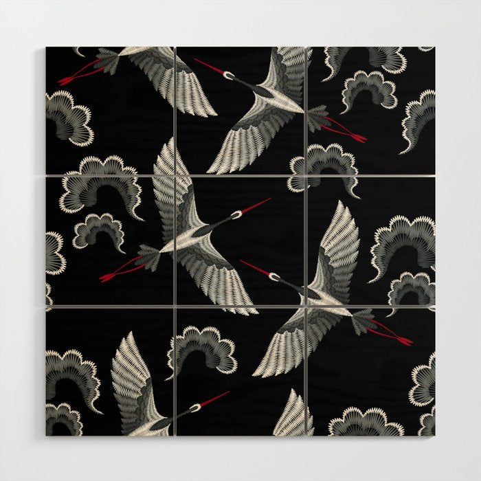 Japanese Ornate Heron Pattern Black & Silver White Wood Wall Art Gallery Image 1