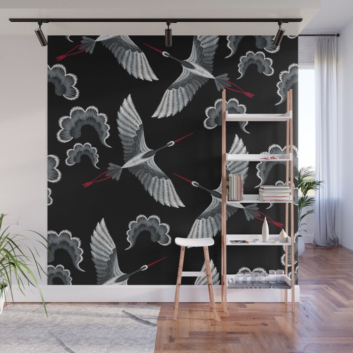Japanese Ornate Heron Pattern Black & Silver White Wall Mural Gallery Image 1