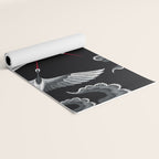 Japanese Ornate Heron Pattern Black & Silver White Yoga Mat Gallery Image 2