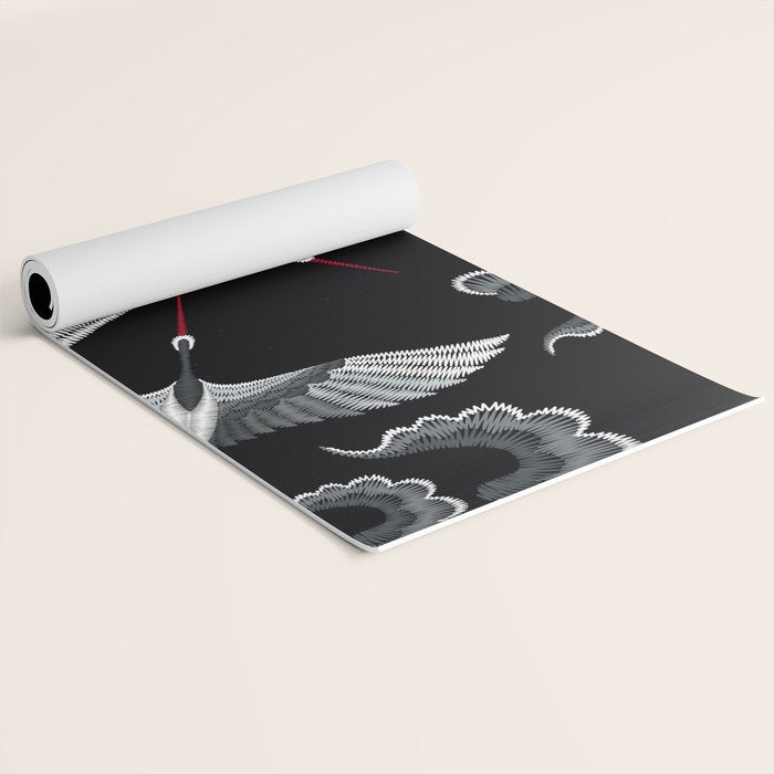 Japanese Ornate Heron Pattern Black & Silver White Yoga Mat Gallery Image 2
