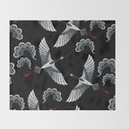 Japanese Ornate Heron Pattern Black & Silver White Throw Blanket Gallery Image 2