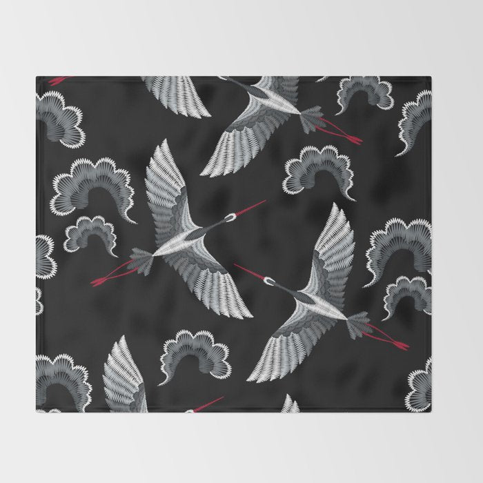 Japanese Ornate Heron Pattern Black & Silver White Throw Blanket Gallery Image 2