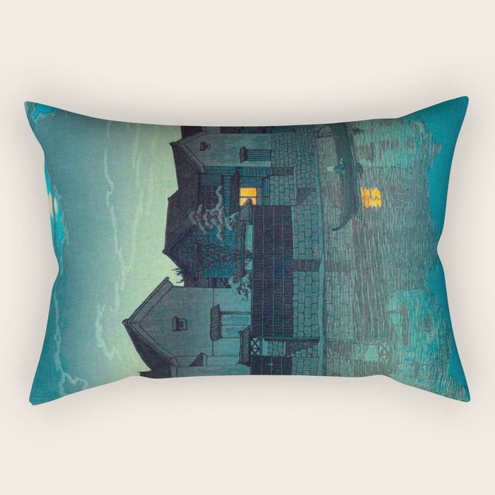 Kawase Hasui Vintage Japanese Woodblock Print Japanese Village Under Moonlight Cloudy Sky Rectangular Pillow Gallery Image 1