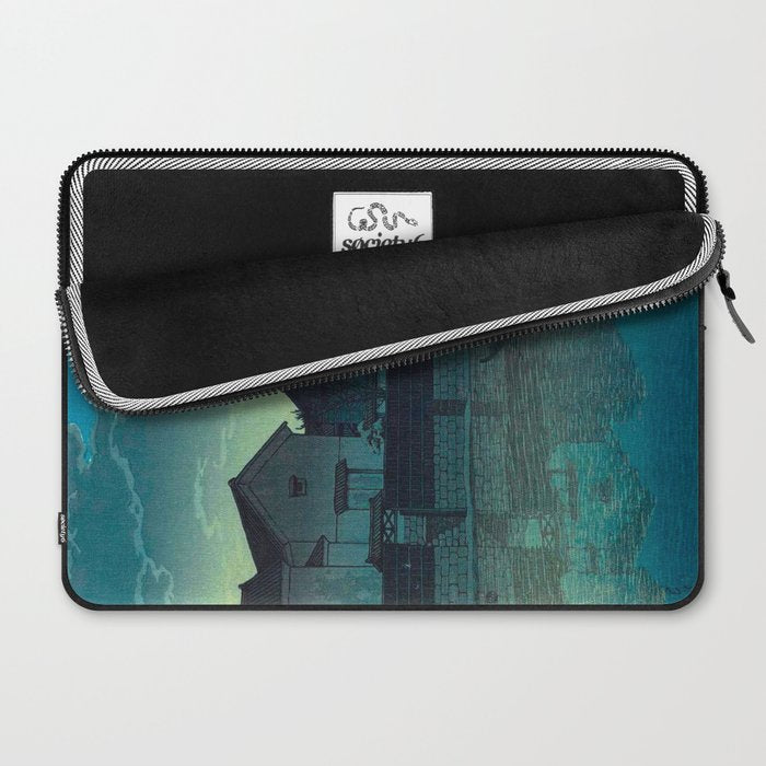 Kawase Hasui Vintage Japanese Woodblock Print Japanese Village Under Moonlight Cloudy Sky Laptop Sleeve Gallery Image 2
