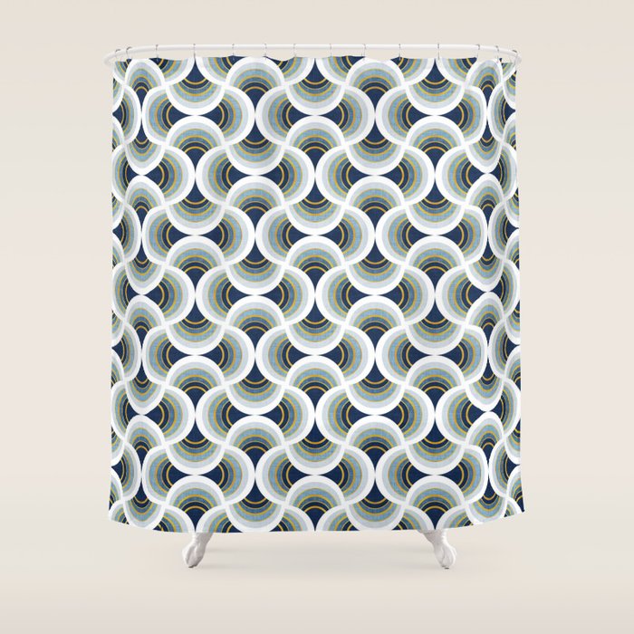 Art deco scallop elegance // blue geometric shapes golden textured lines Shower Curtain Gallery Image 1