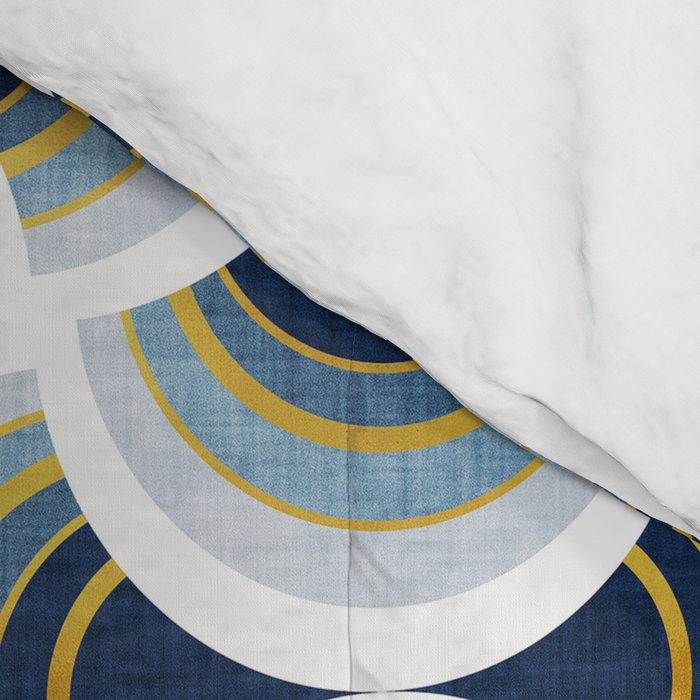 Art deco scallop elegance // blue geometric shapes golden textured lines Comforter Gallery Image 4