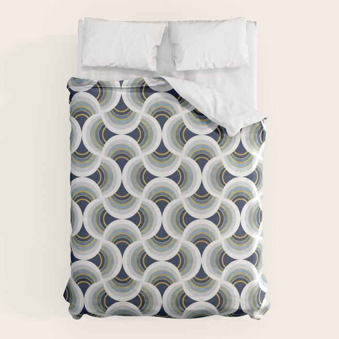 Art deco scallop elegance // blue geometric shapes golden textured lines Duvet Cover Gallery Image 6
