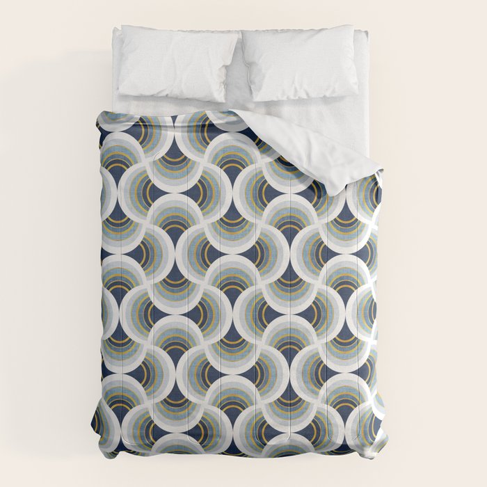 Art deco scallop elegance // blue geometric shapes golden textured lines Comforter Gallery Image 1