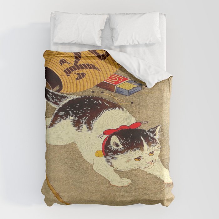 Japanese Woodblock Print Cat Lantern Playful Vintage Art Duvet Cover Gallery Image 1