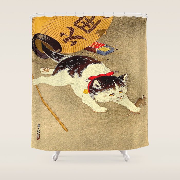 Japanese Woodblock Print Cat Lantern Playful Vintage Art Shower Curtain Gallery Image 1