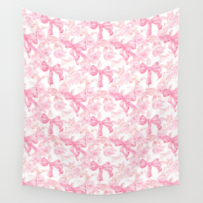 Pink bows and roses garden coquette aesthetic Wall Tapestry Gallery Image 4