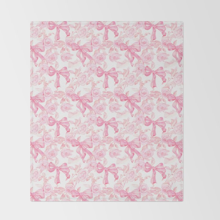 Pink bows and roses garden coquette aesthetic Throw Blanket Gallery Image 2