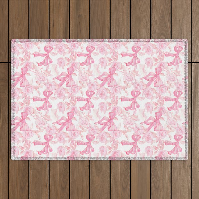 Pink bows and roses garden coquette aesthetic Outdoor Rug Gallery Image 1