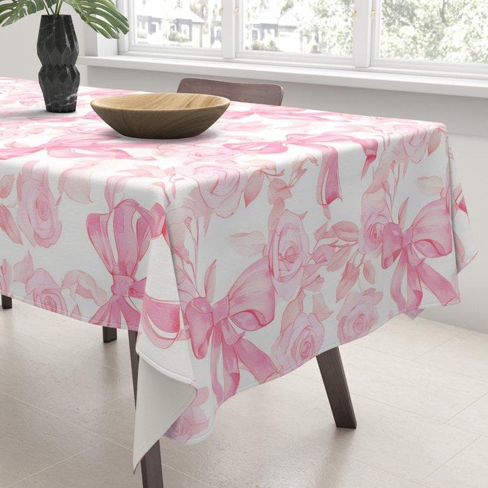 Pink bows and roses garden coquette aesthetic Tablecloth Gallery Image 3