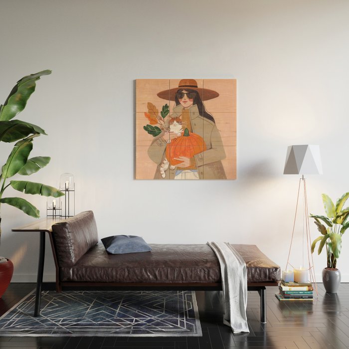Woman in autumn in warm earth tones Wood Wall Art Gallery Image 2