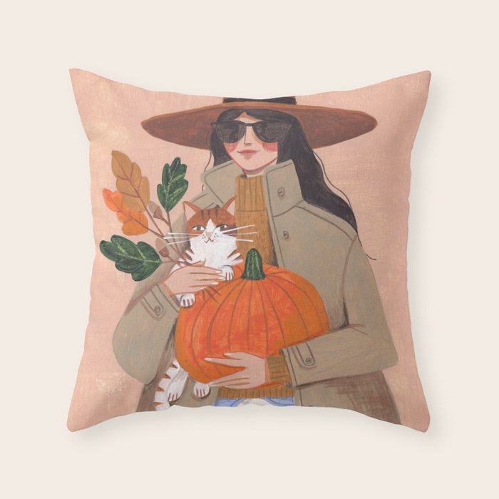 Woman in autumn in warm earth tones Throw Pillow Gallery Image 1