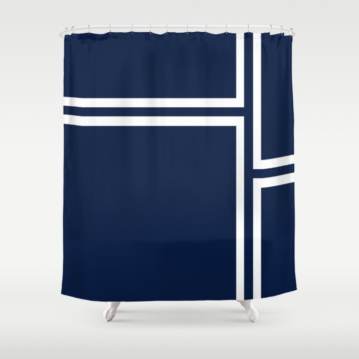 Strong Deco - Minimalist Geometric Pattern in White and Nautical Navy Blue Shower Curtain Gallery Image 1