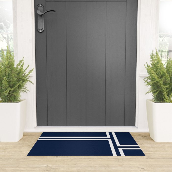 Strong Deco - Minimalist Geometric Pattern in White and Nautical Navy Blue Welcome Mat Gallery Image 3