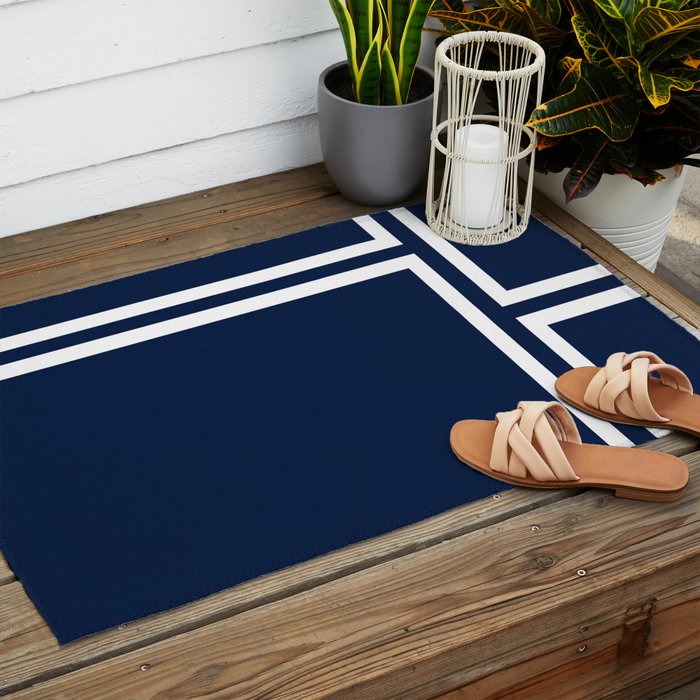 Strong Deco - Minimalist Geometric Pattern in White and Nautical Navy Blue Outdoor Rug Gallery Image 2