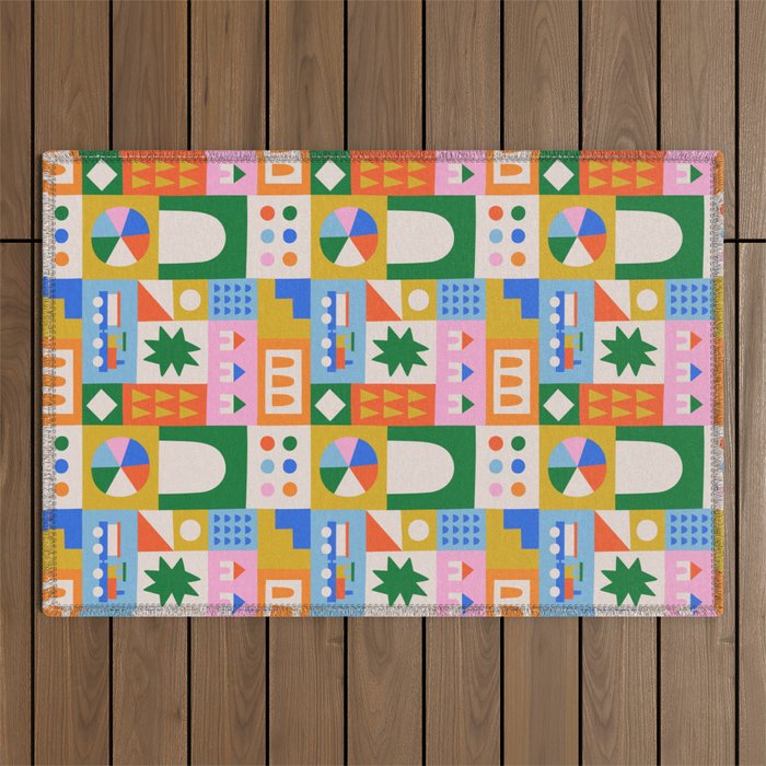 Colorful nordic children toy doodle art pattern Outdoor Rug Gallery Image 1